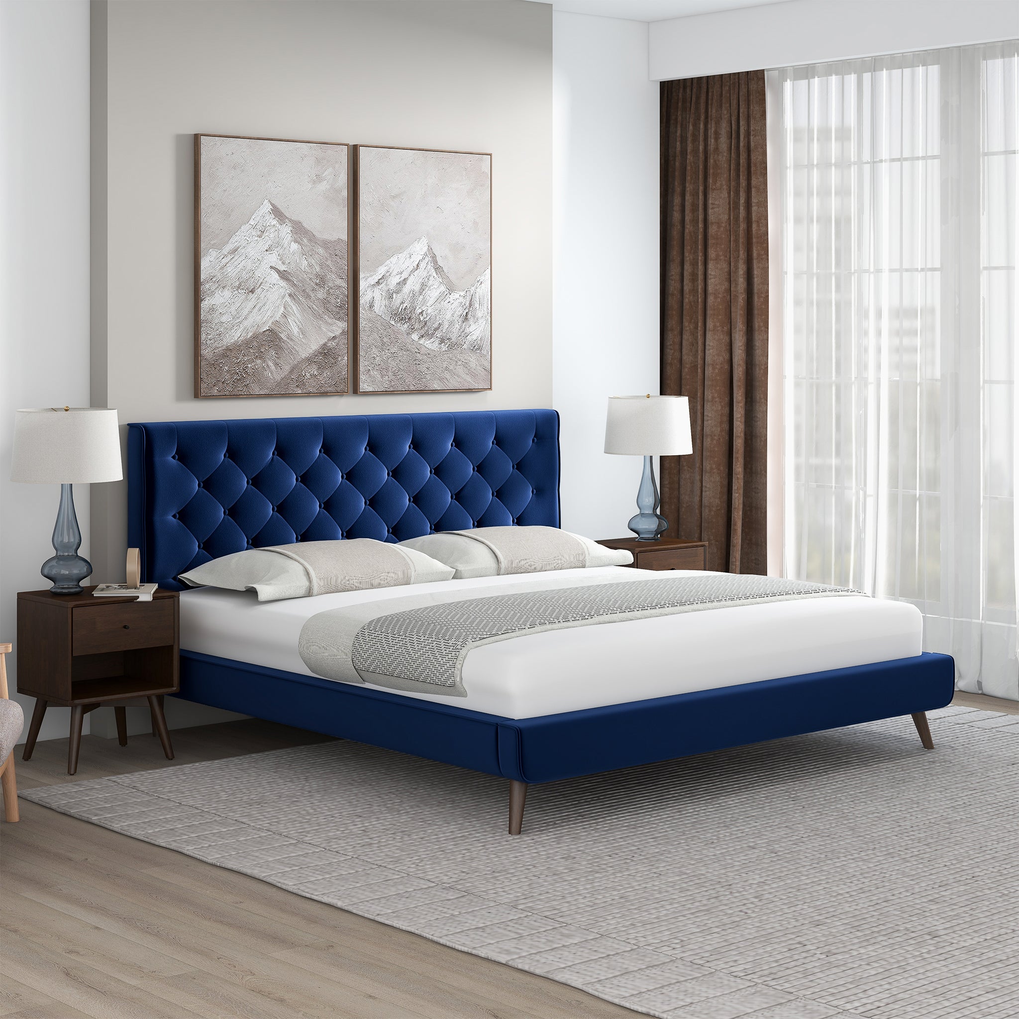 Dillon Blue Velvet Platform Bed (King Size)