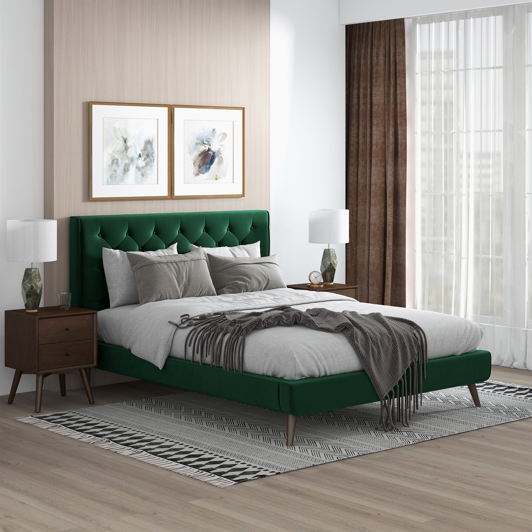 Dillon  Dark Green Velvet Platform Bed (Queen Size)