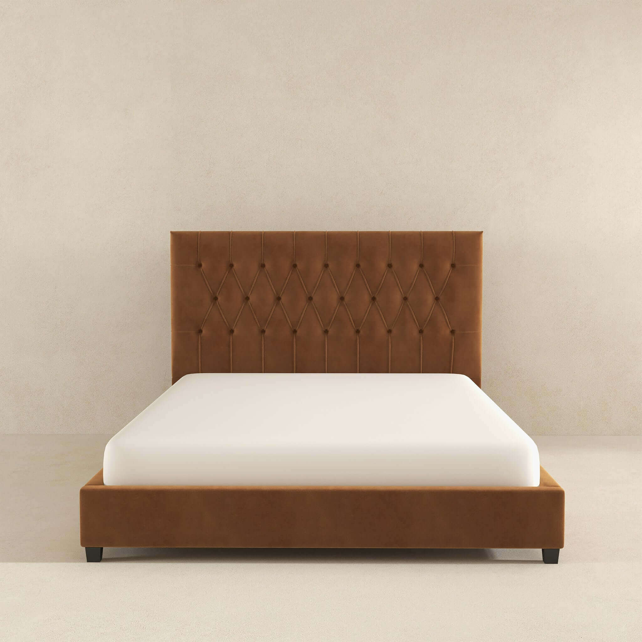 Donald Mid Century Modern Cognac Velvet Platform Bed King